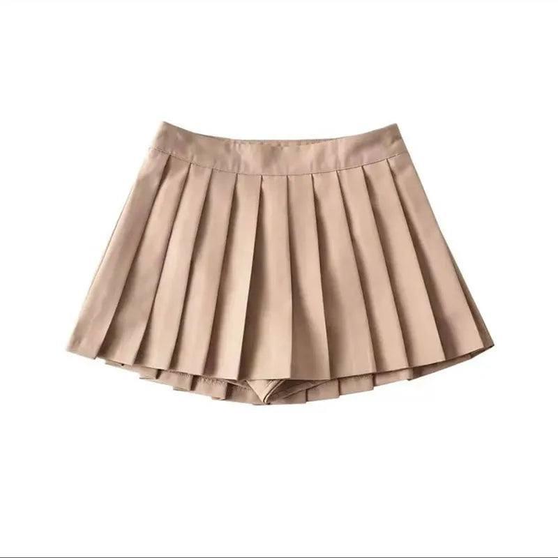 Zoki Sexy Women Pleated Skirts High Waist Summer Vintage-Beige-8