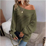 Women’s olive off-shoulder ribbed knit sweater – relaxed oversized fall top