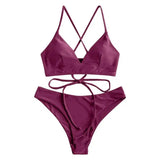 Solid Color Bikini Sexy Strappy Swimsuit-Winered-8