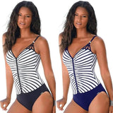 Striped V-Neck Bikini Backless One Piece-1