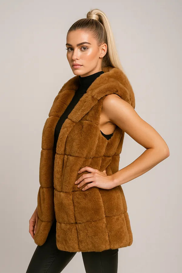 Women's sleeveless brown faux fur vest with hood - chic winter layering piece