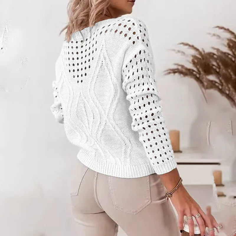 White open-knit sweater for women with textured pattern — lightweight long-sleeve top
